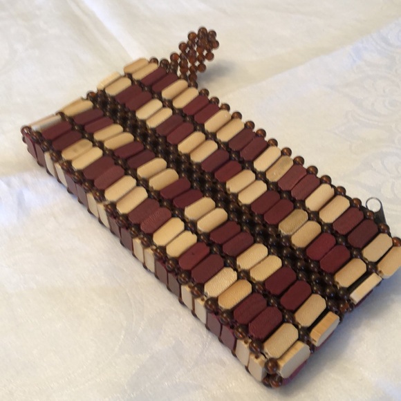 VINTAGE WOODEN HANDMADE BEADED CLUTCH PURSE BAG UNIQUE STURDY LINED ZIPPER- #487 - Picture 5 of 12